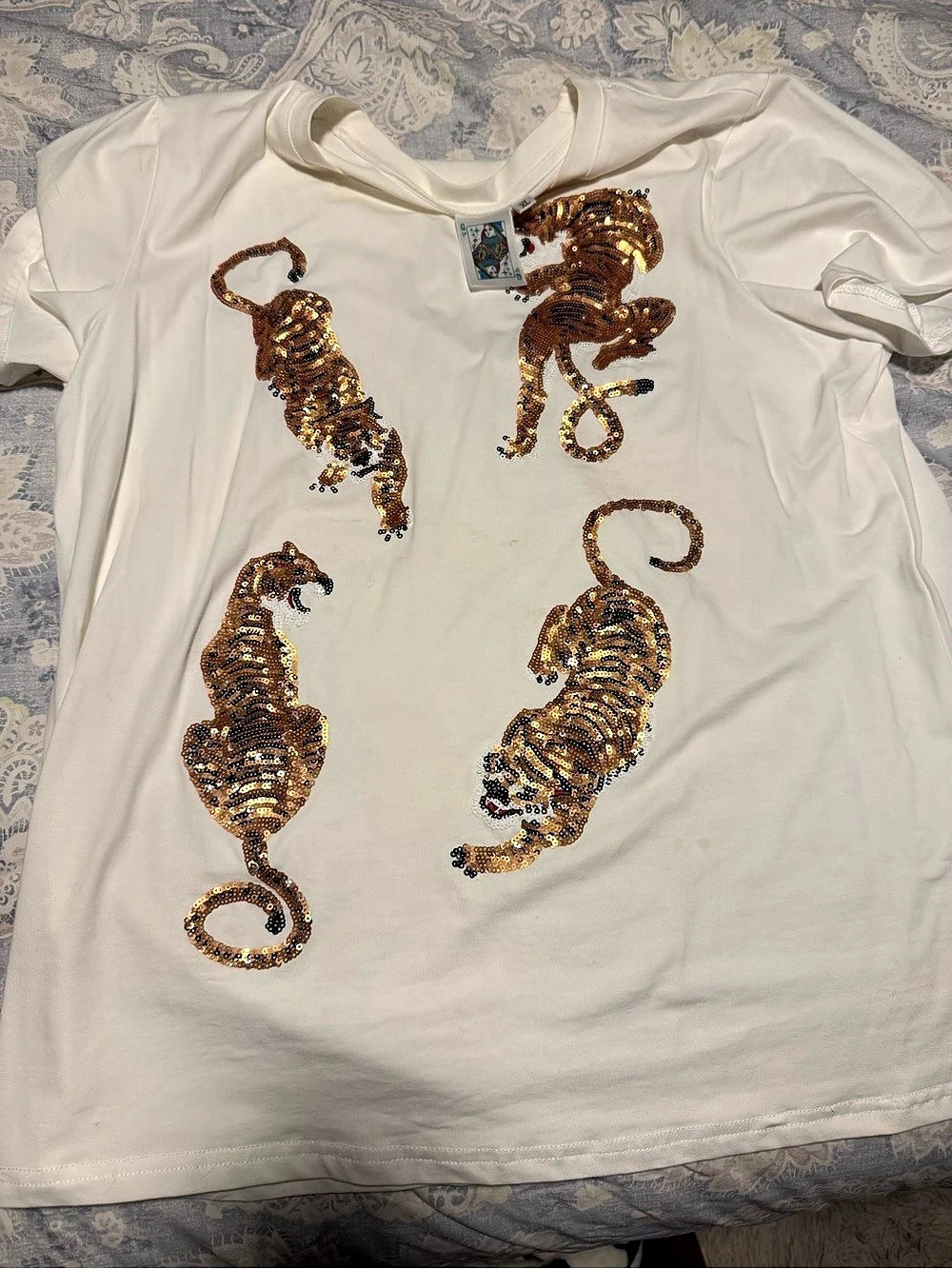 Women's Embellished Tiger Tee in White & Gold